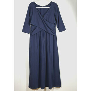eShakti Faux Wrap Maxi Dress Size Large Navy Blue Cotton Stretch Knit Pockets
